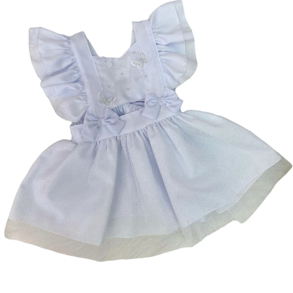 Romper Vestido Floral Princesa Jardim Borboletas Branco Saia Tule Roupa Festa Bebê Menina Casamento Batizado Com Laço