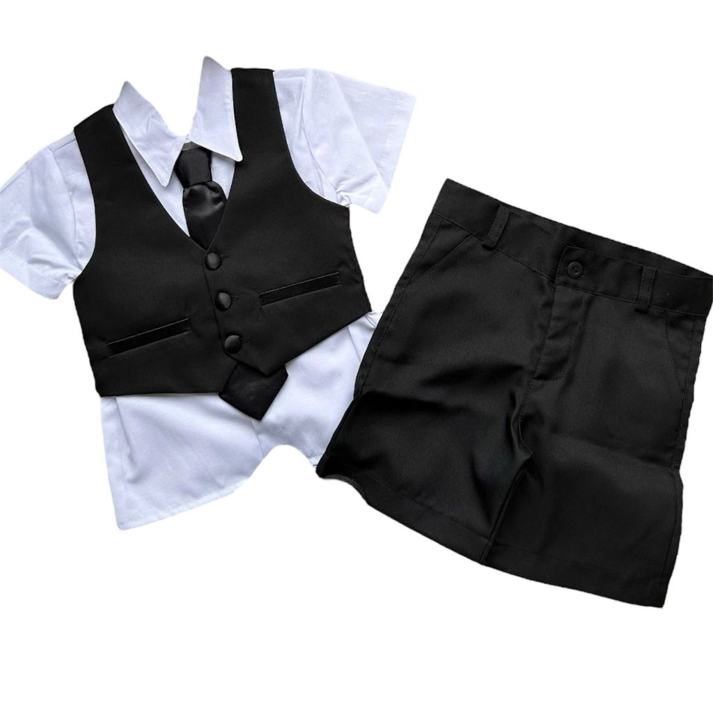 Conjunto Bebê Menino Infantil Social Traje De Festa Casamento Formatura Camisa Branca, Colete, Shorts e Gravata