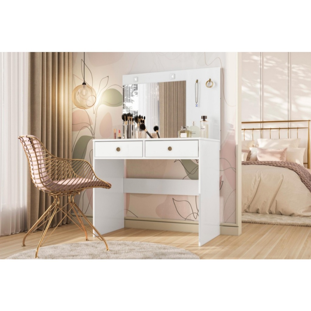 Penteadeira Mesa com Espelho Camarim Comoda Ideal com  Led 2 Gavetas - Moval