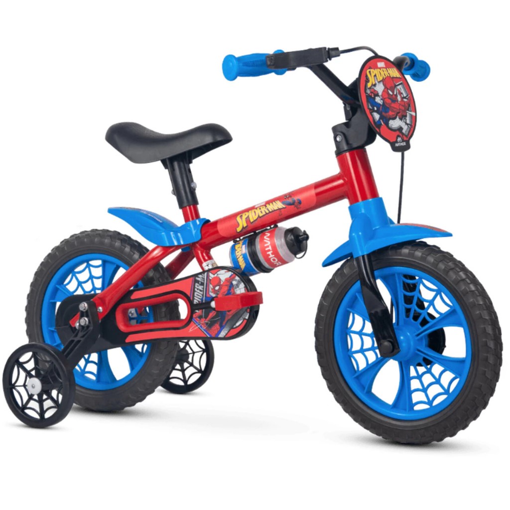 Bicicleta Infantil SPIDER MAN Aro 12 com Rodinhas de Equilíbrio Garrafinha de Água Nathor em Oferta na Shopee