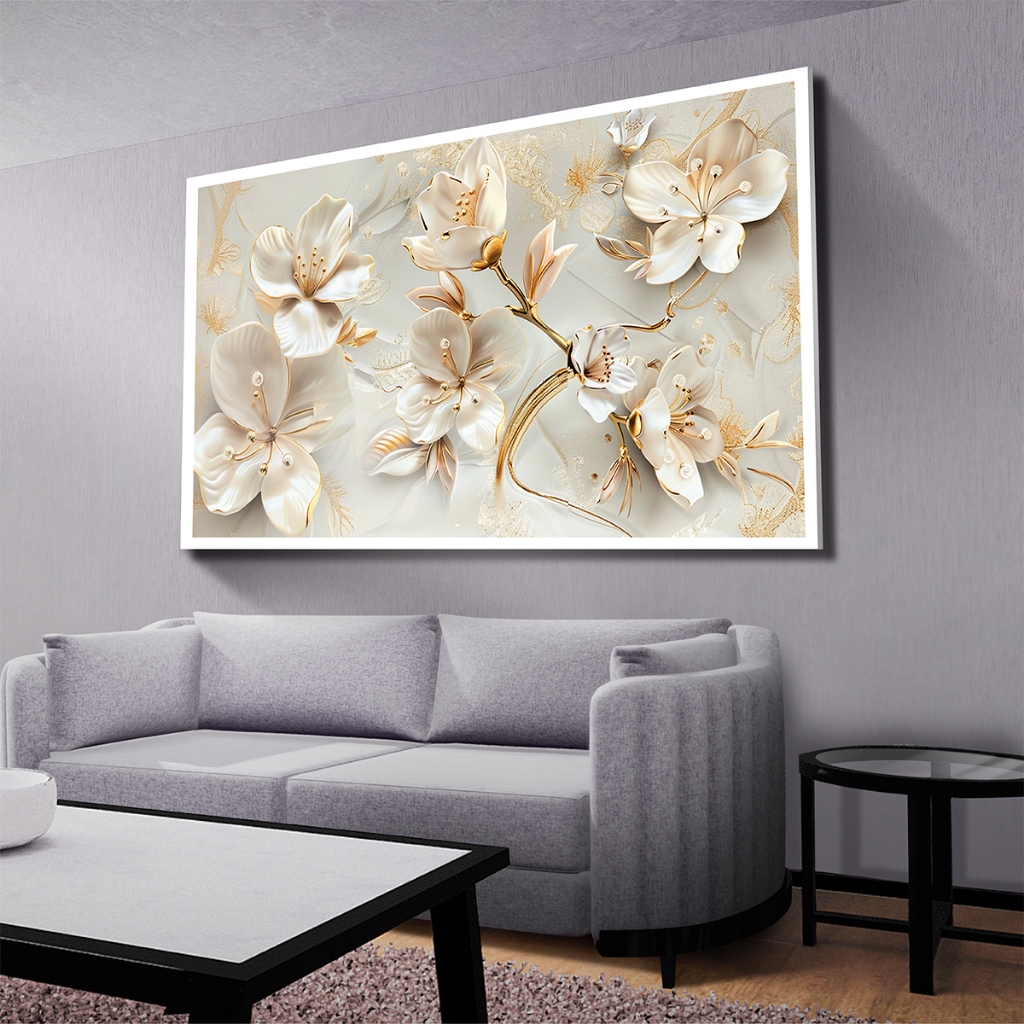 Quadro Decorativo Flores Brancas Douradas Mosaico Sala Quarto Escritório Hall em Oferta na Shopee