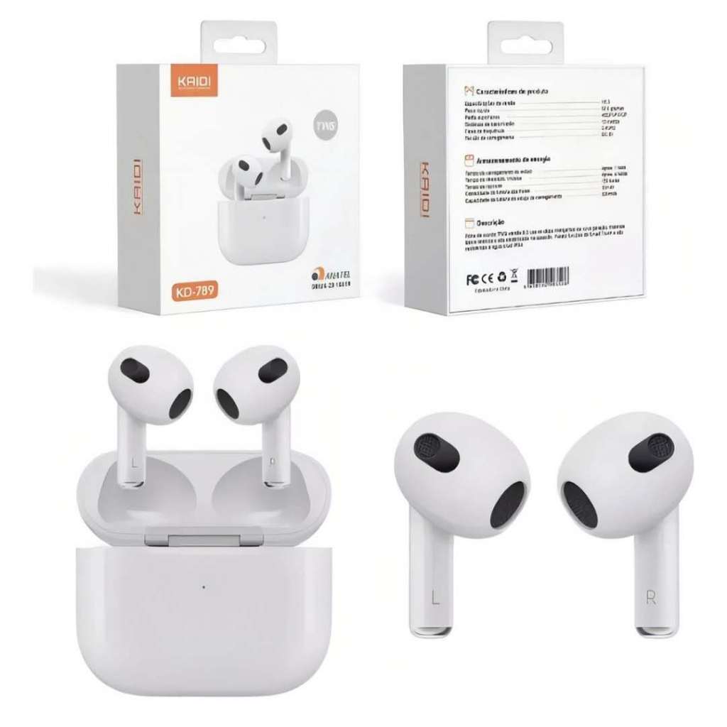 Fone de Ouvido Bluetooth Sem Fio Kaidi KD-789 Branco tws 5.3 Original Fone iPhone e Android