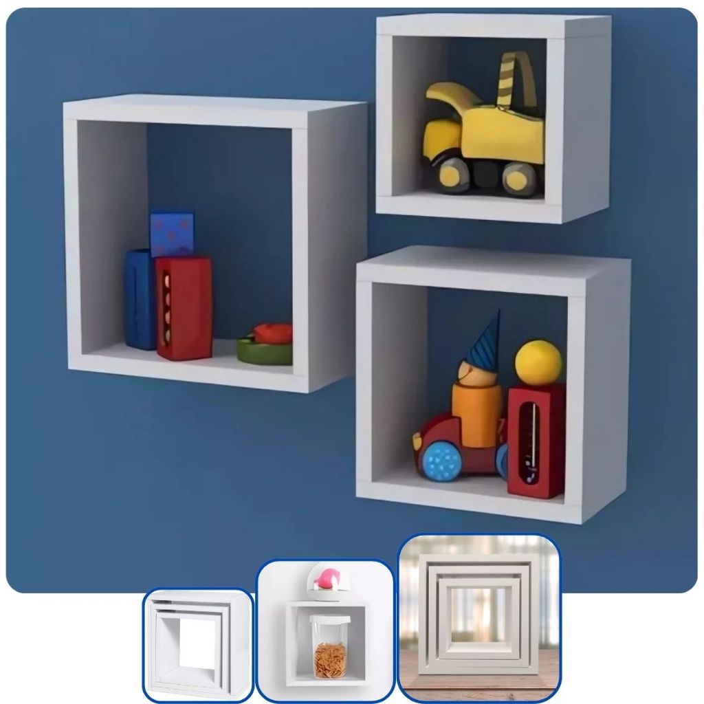 Conjunto kit c/ 3 Nichos Quadrados Parede Quarto Decoração MDF Leve Decorare Prat-k