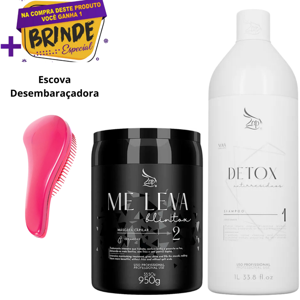 Kit Shampo Detox 1l E Zap Ztox Máscara Blintox 950g + Brinde