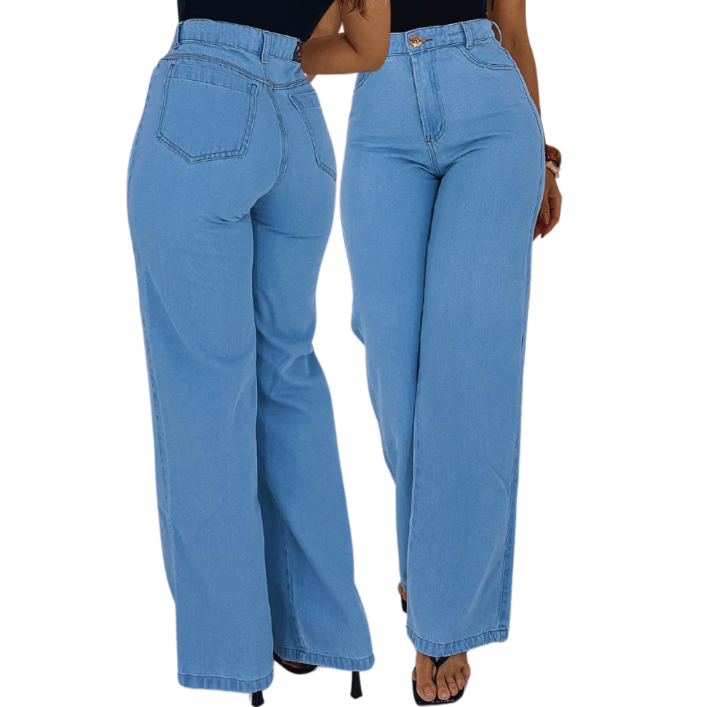 Calça Jeans Feminina Pantalona Wide Leg Cintura Alta Cristal Lisa Com Bolso Lateral