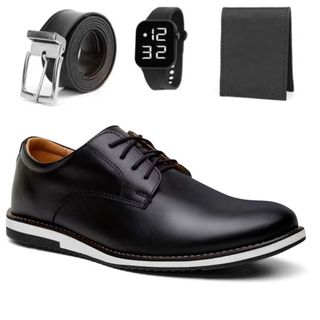 Kit Sapato Oxford Masculino Social Elegante de Couro Nobre Macio Com Solado Leve Confortável + Cinto Carteira e Relogio