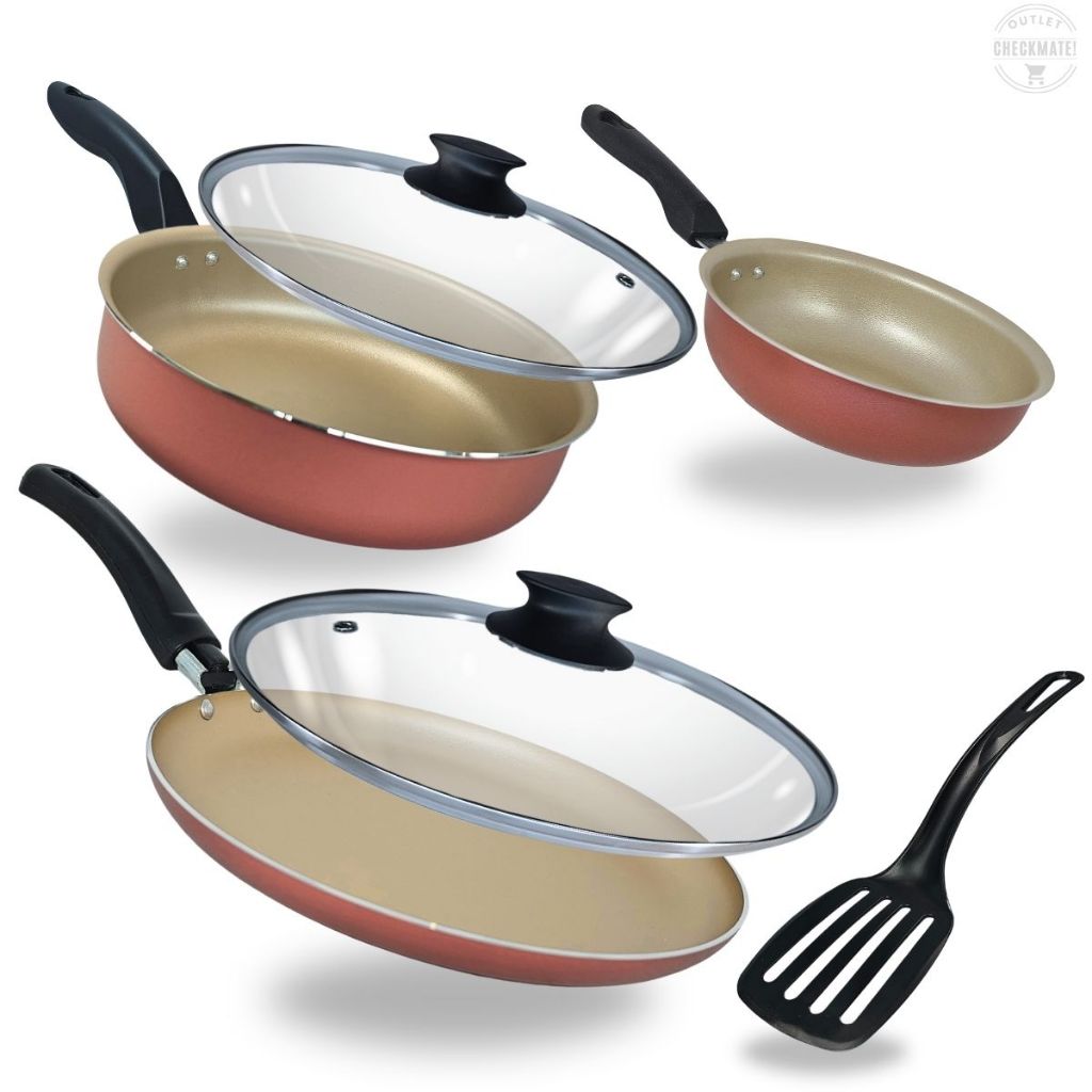 Kit Frigideira 14 cm Frigideira Alta 18 cm e Panquequeira 22 cm Antiaderente Com 5 Camadas De Teflon - Cor Cereja