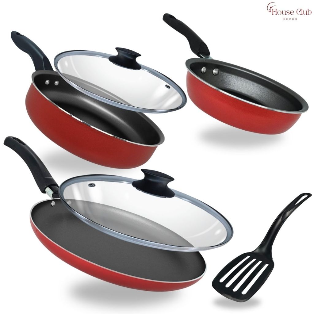 Kit Frigideira 14 cm Frigideira Alta 18 cm e Panquequeira 22 cm Antiaderente Com 5 Camadas De Teflon Vermelho e Grafite
