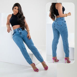 Calça MOM Jeans Marmorizada 100% Algodão Cintura Alta Sem Lycra