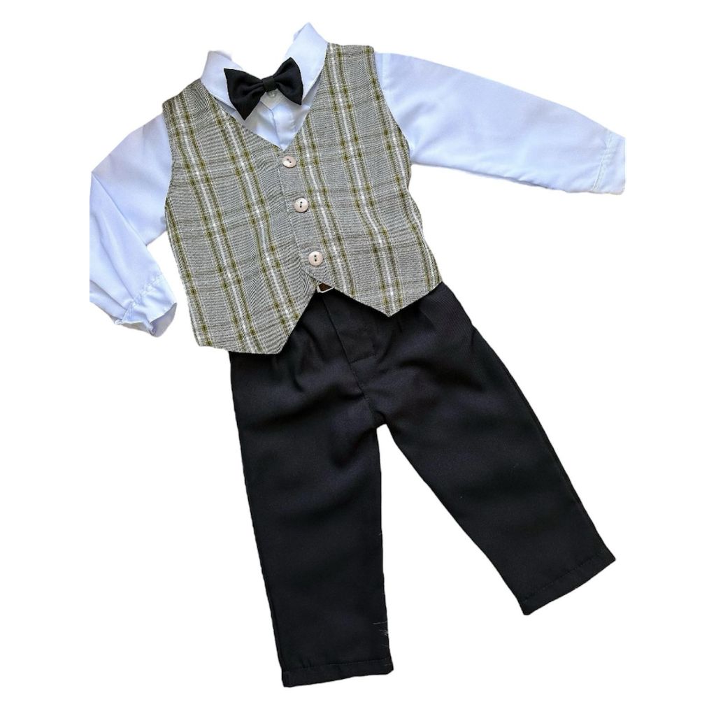 Conjunto Roupa Social Menino Camisa Manga Longa Colete Xadrez Calça Cinto e Gravata Festa Casamento Batizado Formatura