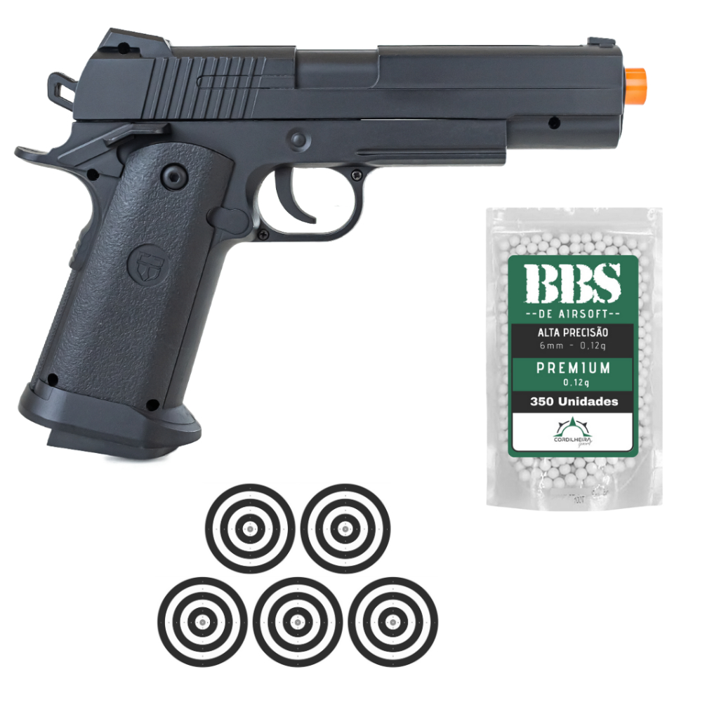 PISTOLA VIGOR V18 METAL SPRING 6MM + 350 BBS 0,12G + 05 ALVOS em Oferta na Shopee