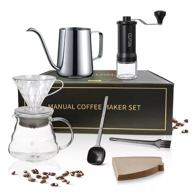 Conjunto de Café Manual 8 Peças : Kit Completo com Moedor, Filtro e Chaleira para Café Artesanal