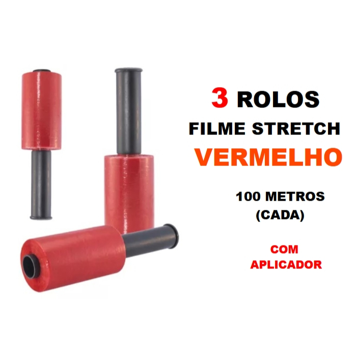 3 Rolos Filme Stretch VERMELHO com aplicador (10cm) 100 Metros (cada)