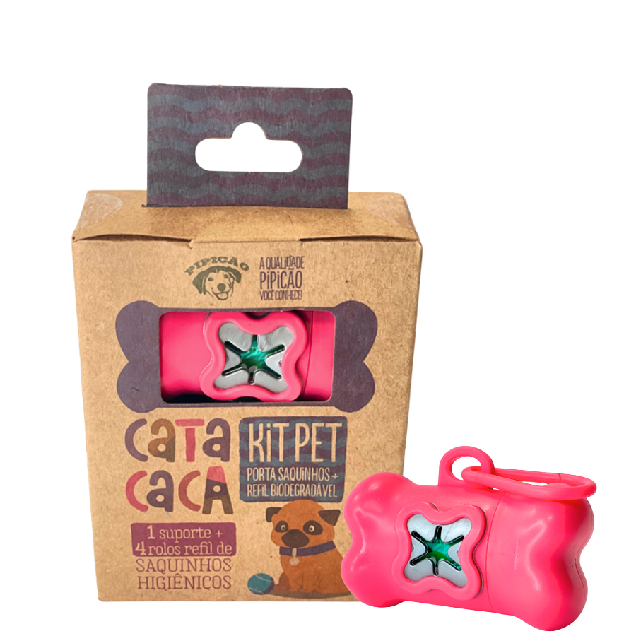 Kit Porta Cata Caca Rosa e 4 Rolos de Saquinhos Pipicão