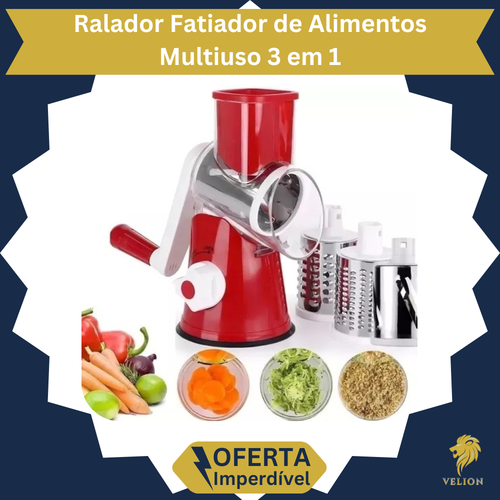 Ralador Fatiador Triturador de Alimentos Multiuso 3 em 1 Cozinha Legumes Frutas Queijos e Muito Mais
