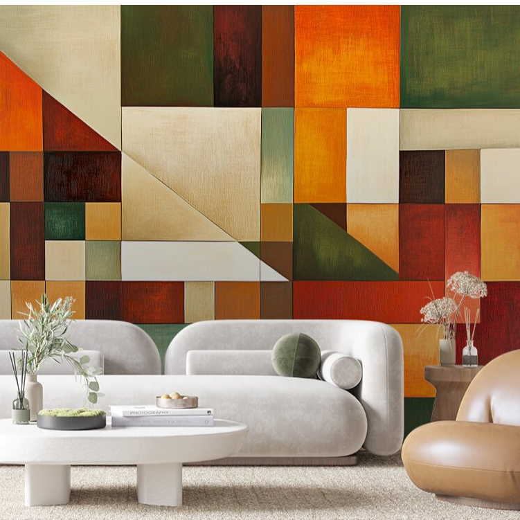 Papel De Parede Para Sala Quarto Mosaico Verde Vermelho Laranja Adesivo Autocolante Adesivo Lavavel
