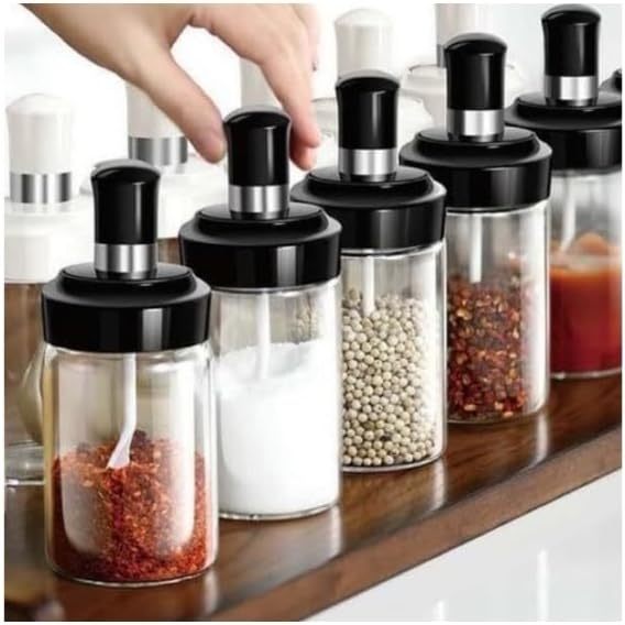 Kit 5 Unidades Porta Tempero de Vidro com Colher Sal Condimentos Pimenta Pote Organizador ...