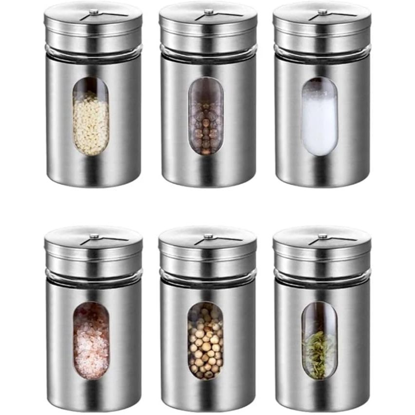 Porta Tempero Inox com Visor Transparente Condimento Multiuso Vidro Pote Pimenta Magnético