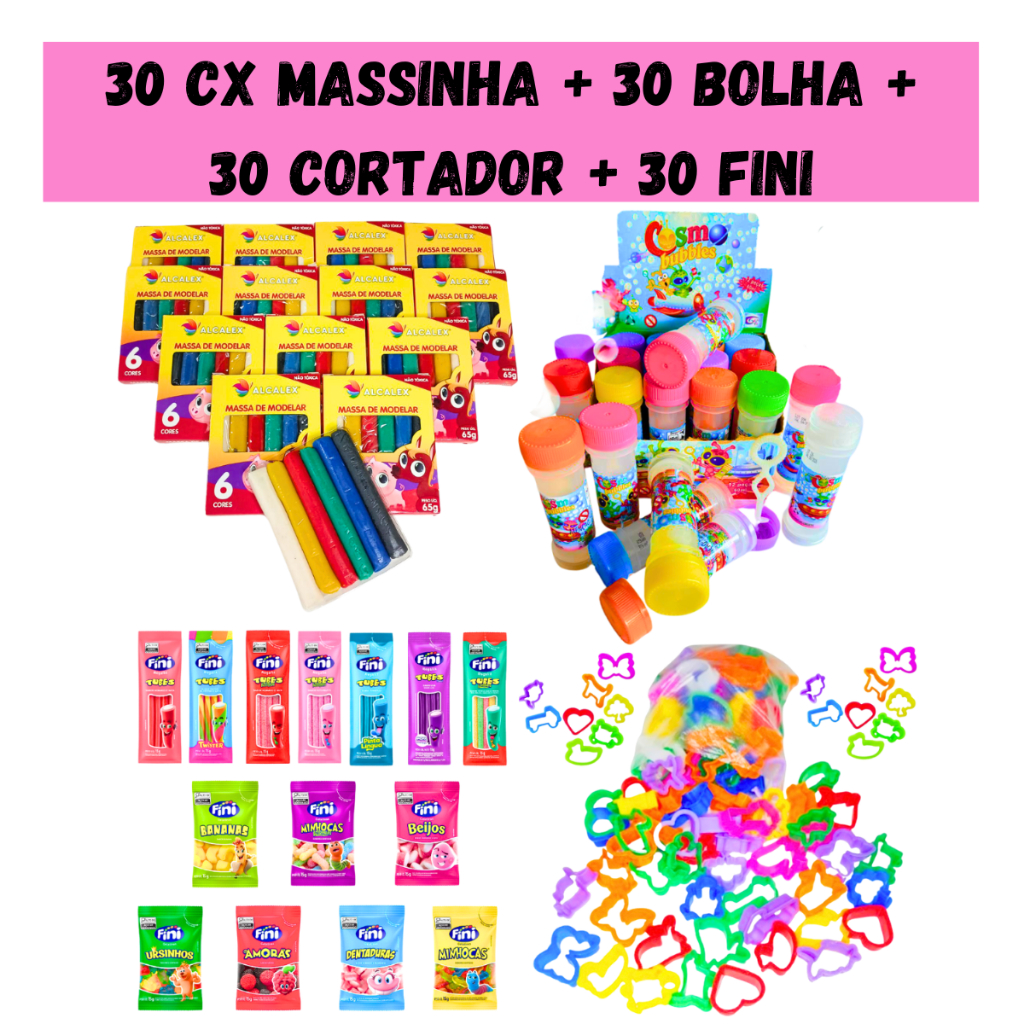 Kit 30 Cx Massinha de Modelar + 30 Bolha de Sabão + 30 Cortador + 30 Fini Lembrancinha Infantil em Oferta na Shopee