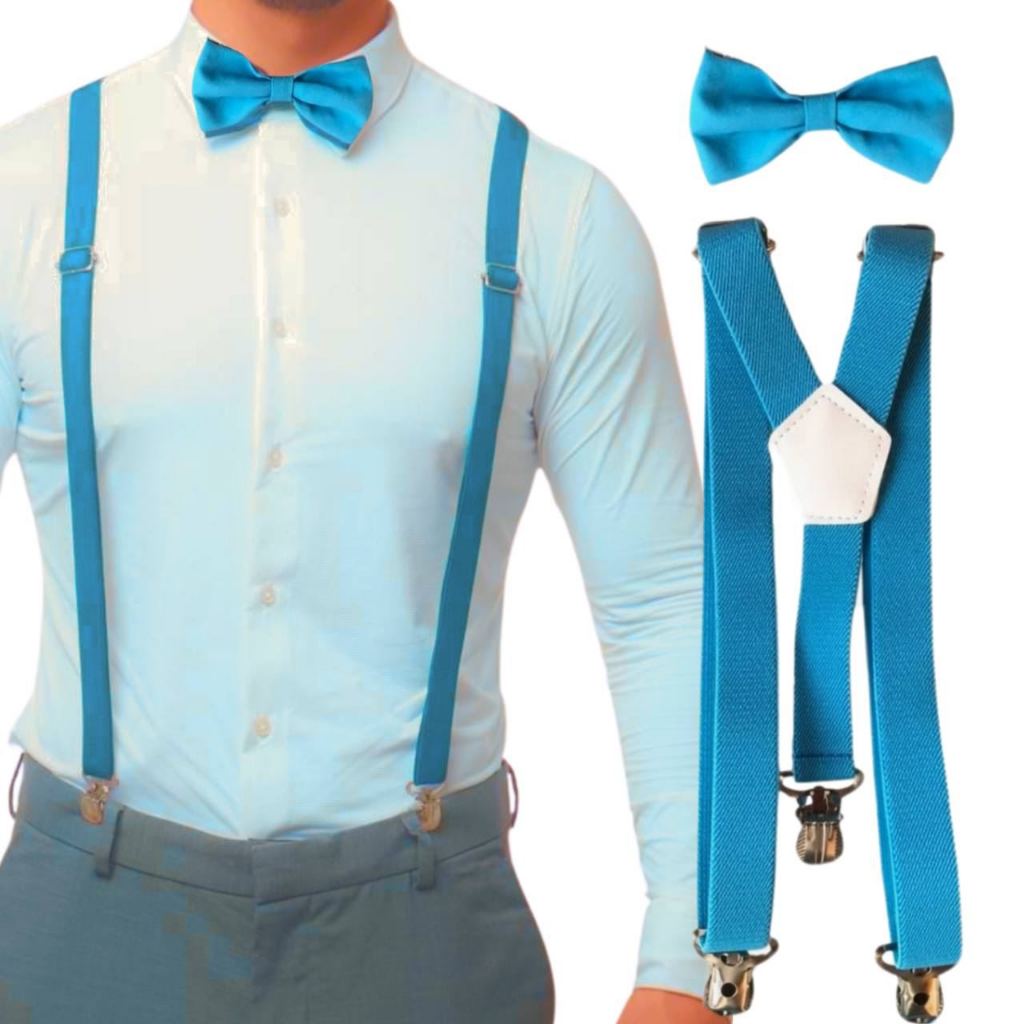 Kit Suspensório E Gravata Borboleta Adulto Azul Céu Turquesa e Outras Cores Casamento Evento Formatura Padrinho Festa