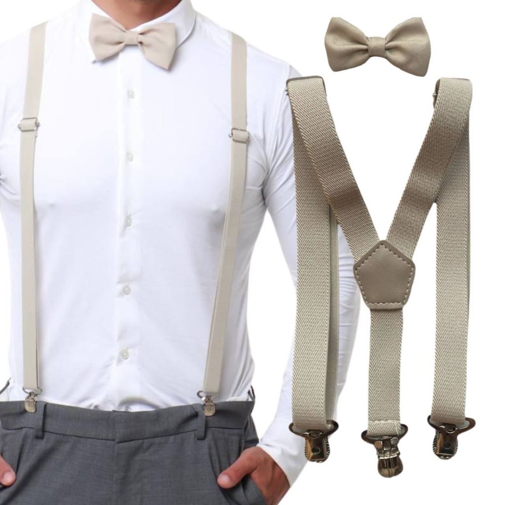 Suspensório Bege Nude Off White E Gravata Borboleta Adulto Varias Cores Combinações Casamento Formatura Padrinho Festa
