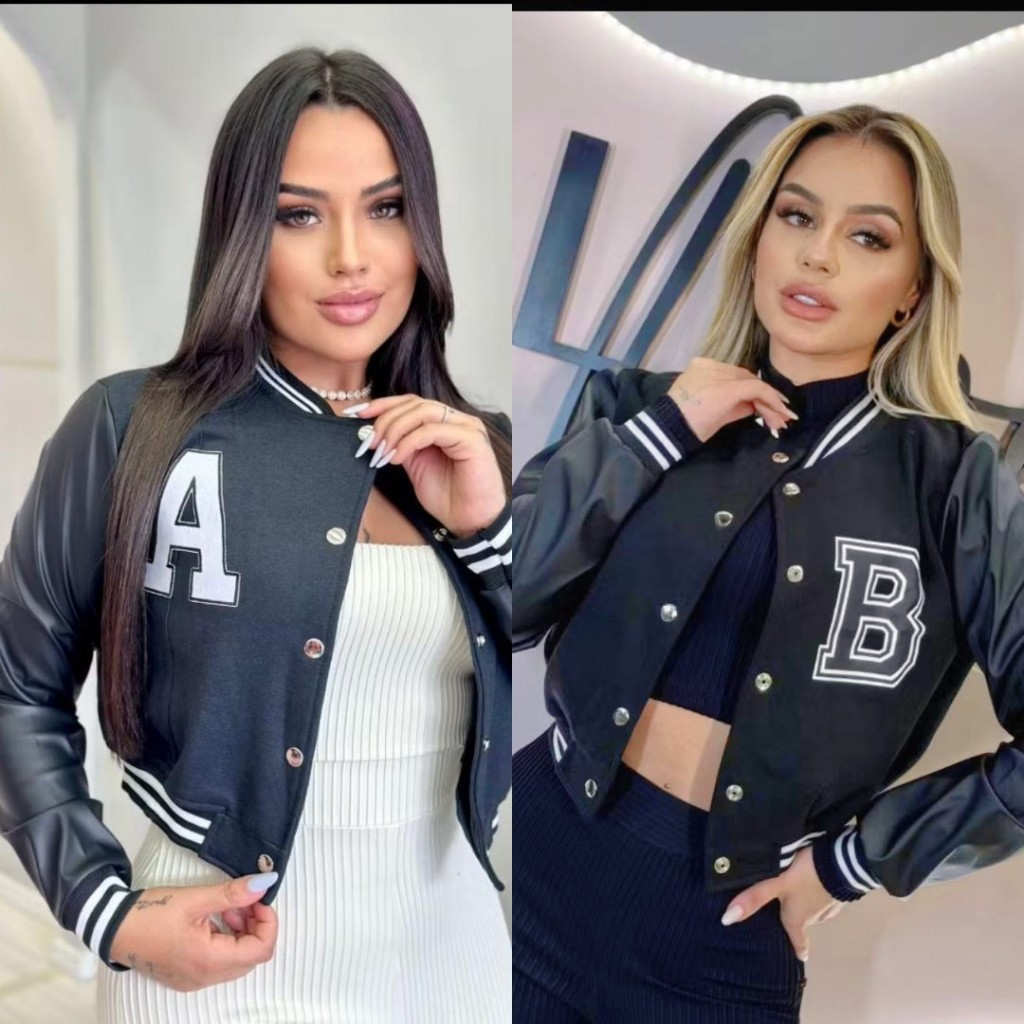 Jaqueta bomber moletom feminina, com botões manga couro, estilo colegial moda blogueira inverno