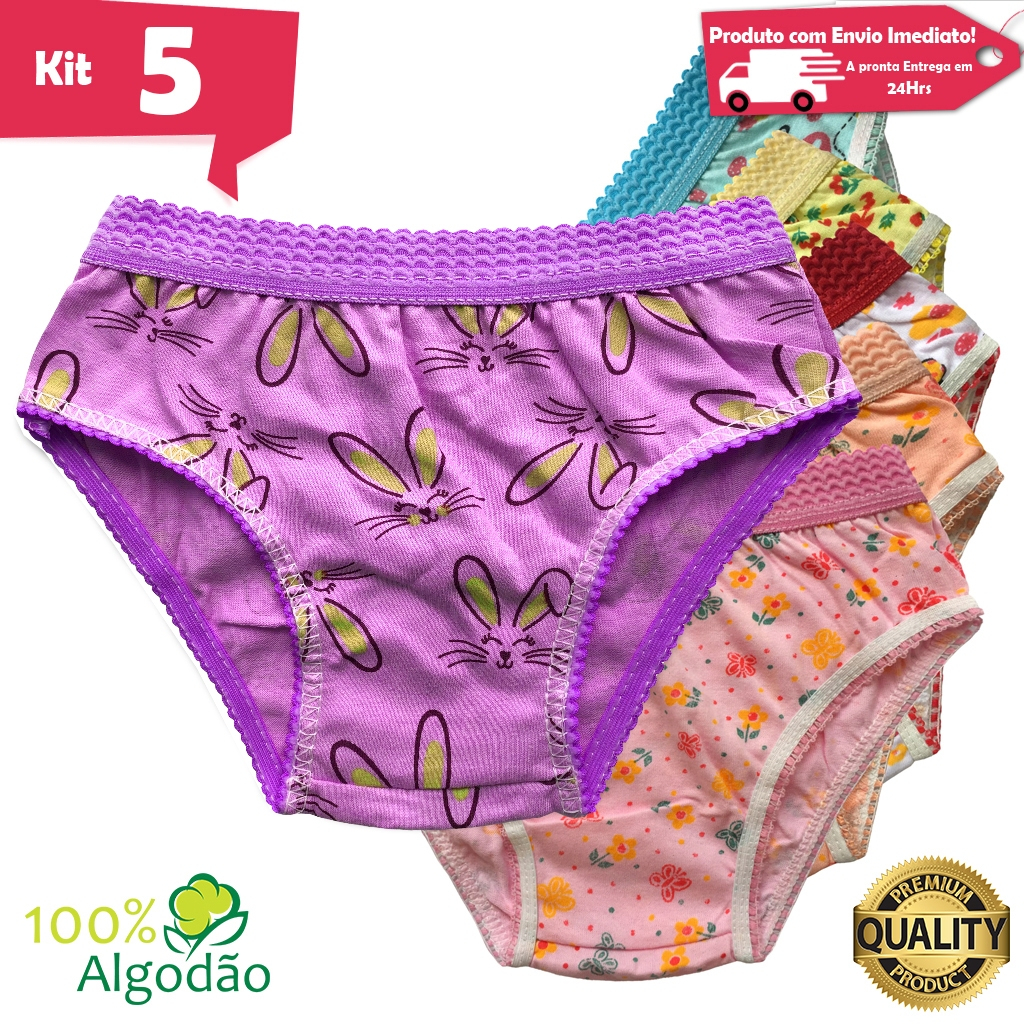Kit 5 Calcinhas Infantil Algodão Cós Elástico Estampada Menina