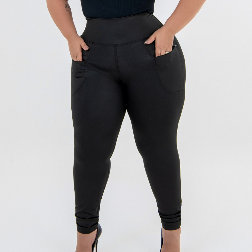 Calça Legging Plus Size Com Bolso Ziper Cintura Alta Grossa Fitness e Casual GG ao G4 em Oferta na Shopee