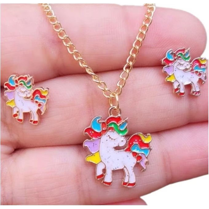 Conjunto Infantil De Colar e Brincos Dourado Coloridos - Aleatório