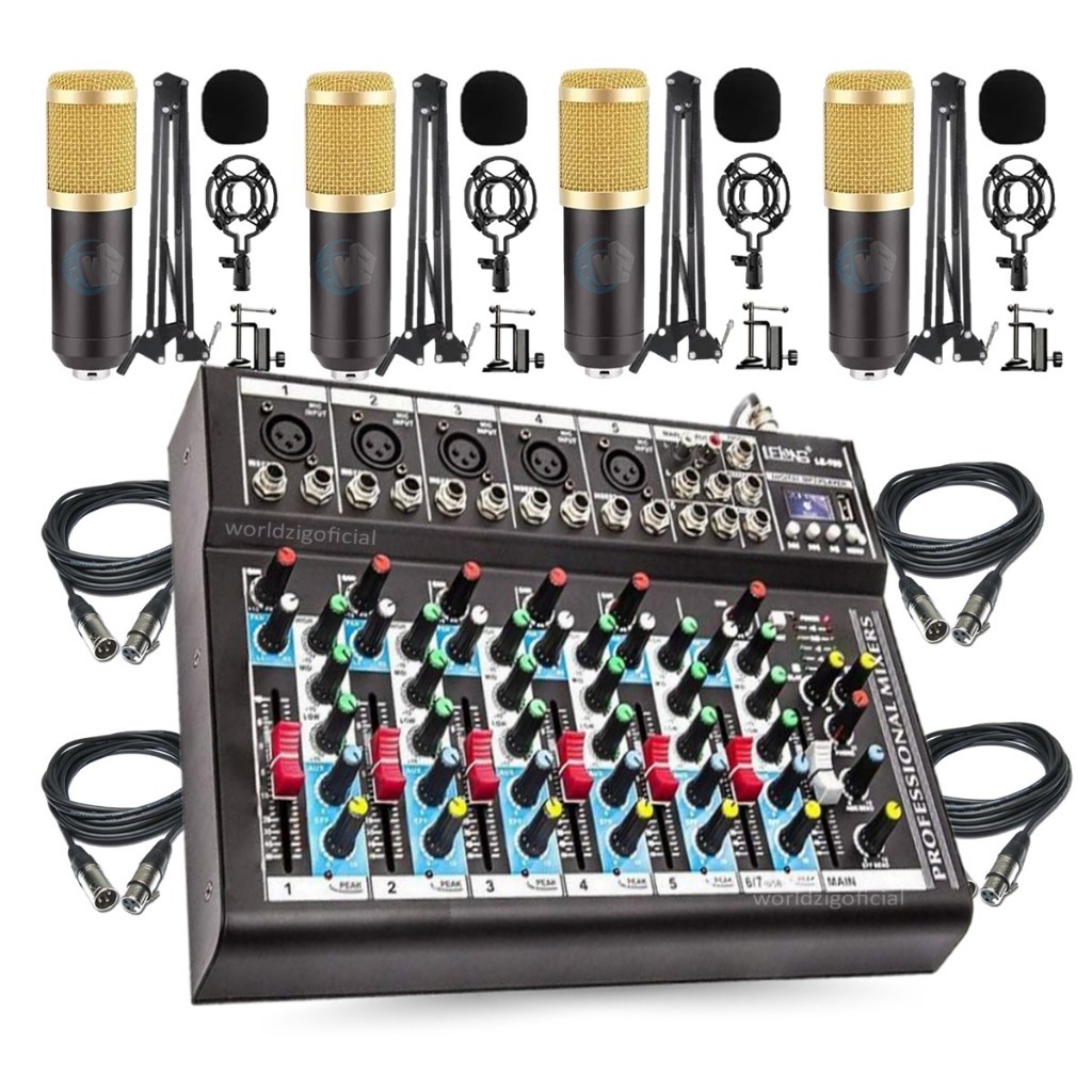 Kit Podcast Completo Mesa de Som Setup + 04 Microfones Condensadores com Braços Articulados