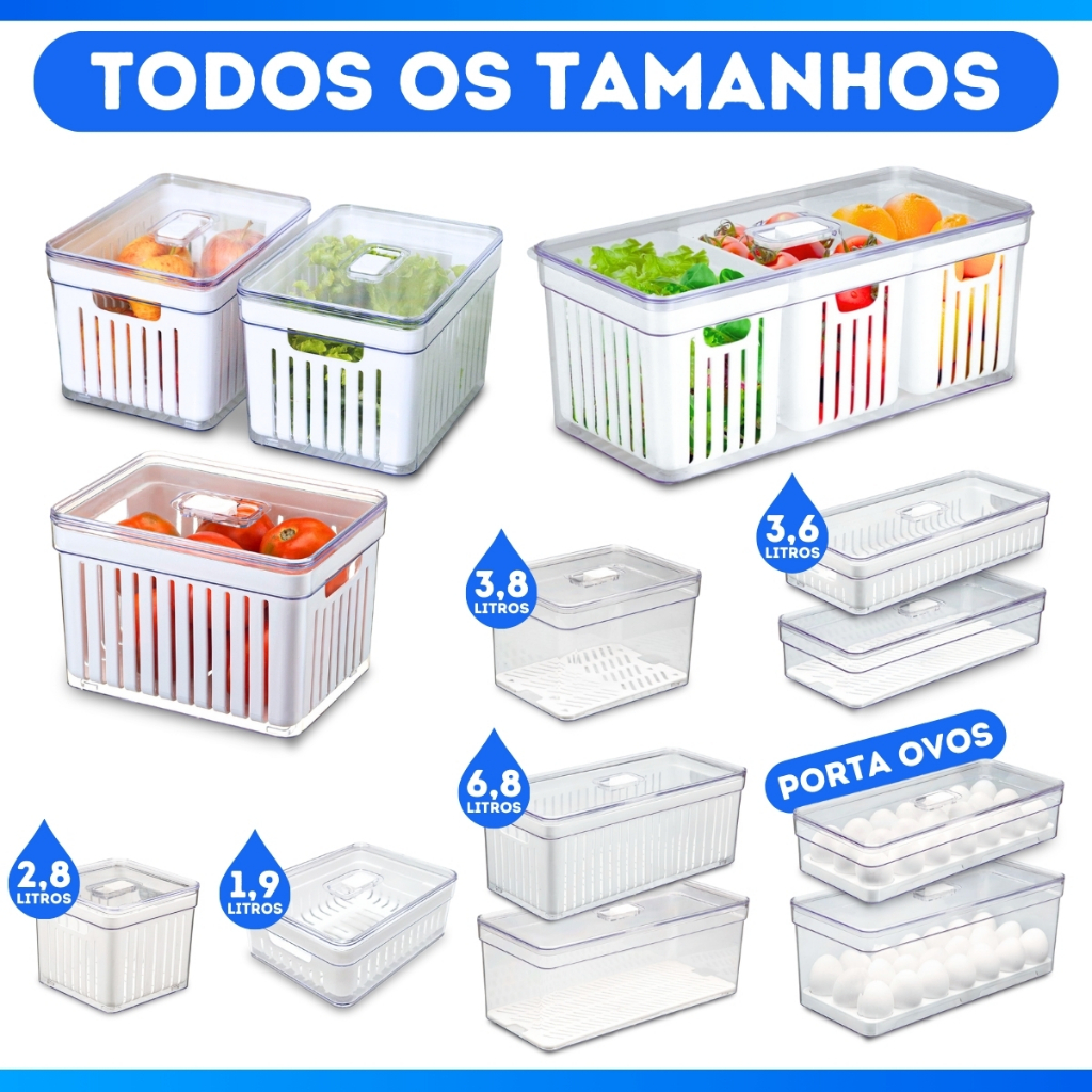 Organizador de Geladeira Litros Cesto Com Tampa Multiuso Alimentos Verduras e Vegetais Porta Ovos