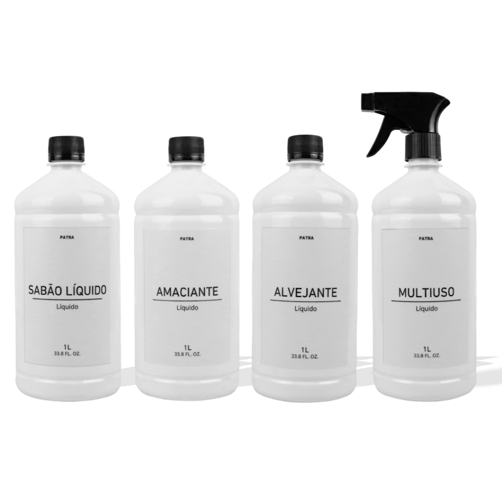Kit 4 Frascos Âmbar Lavanderia 1L Sabão Líquido/Alvejante/Amaciante/Multiuso Branco