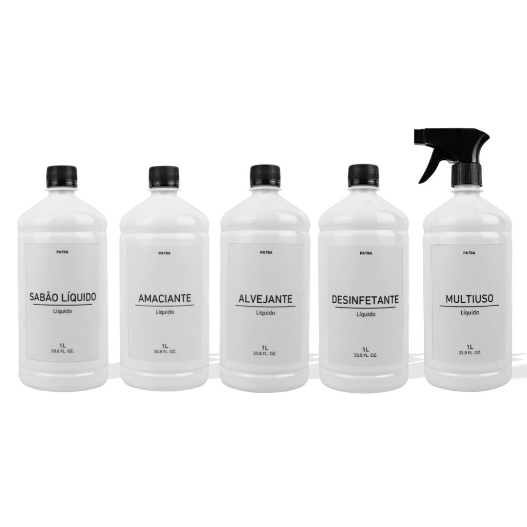 Kit 5 Frascos Âmbar Lavanderia 1L Sabão Líquido/Alvejante/Amaciante/Desinfetante/Multiuso