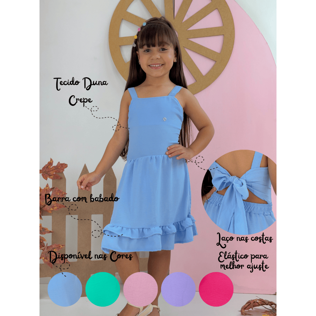 Vestido Infantil de Alça e Babado em Duna Crepe Tam 2-8 Duna