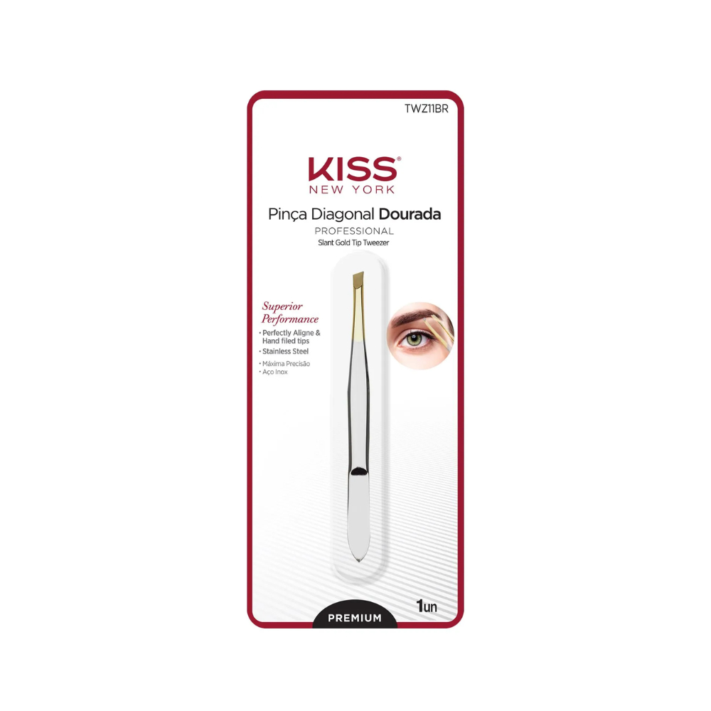 Pinça Kiss NY Ponta Diagonal Dourada - Precisão e Conforto para Remoção de Pelos - Beauty