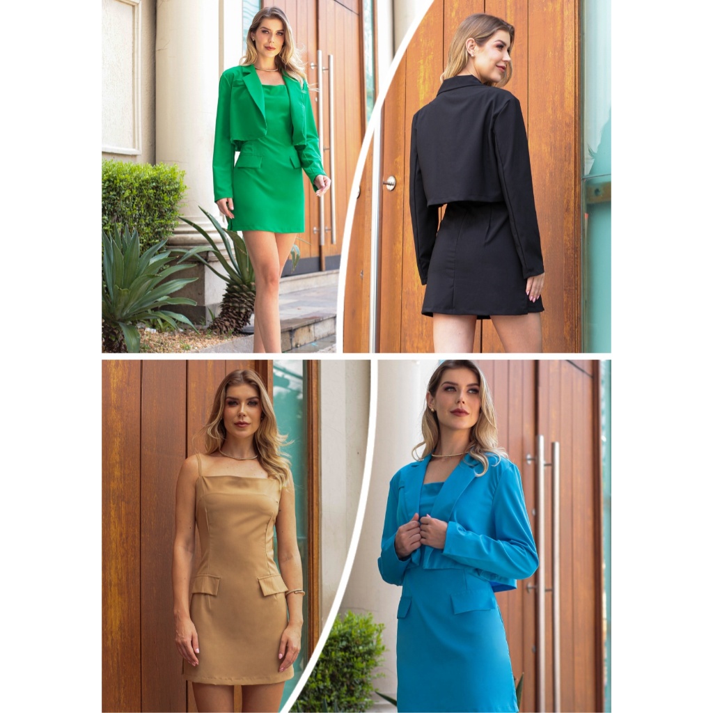 SJD MODA conjunto vestuário de trabalho sólido social crop blazer &vestido cami