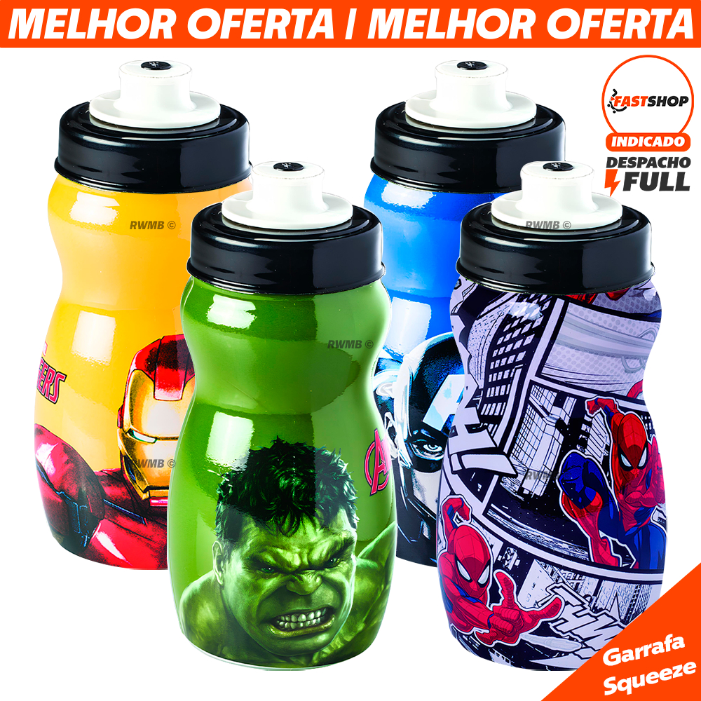 Garrafa Tampa Squeeze Infantil 300ml Marvel Heróis Vingadores Hulk Homem Aranha Homem de Ferro Capitão América BPA FREE