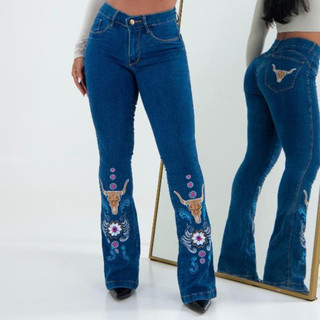 Calça Jeans Feminina Country Boiadeira Bordada Com Elastano Lycra ALTO PADRÃO