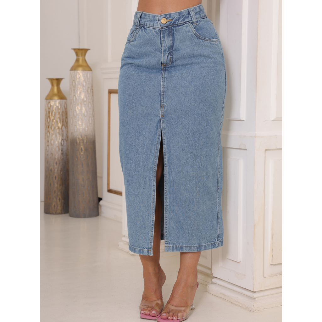Saia Feminina Longa Midi Cintura Alta Elegante Com Fenda Frontal 100% Jeans