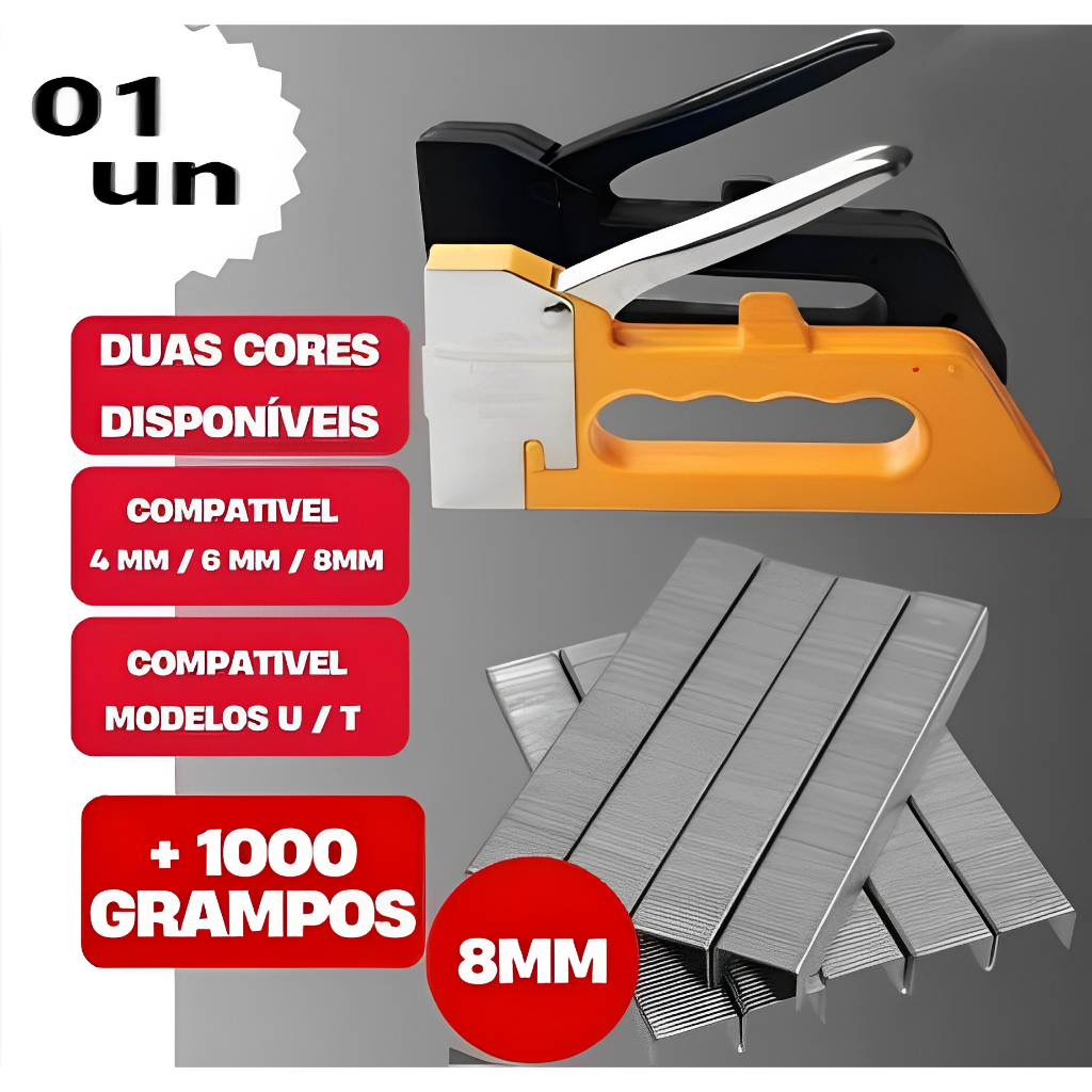Kit Grampeador de Tapeceiro Molduras Alta Pressão Manual + 1000 grampos 8MM Profissional Kit Grampeador de Tapeceiro Molduras Alta Pressão Manual + 1000 grampos 8MM Profissional