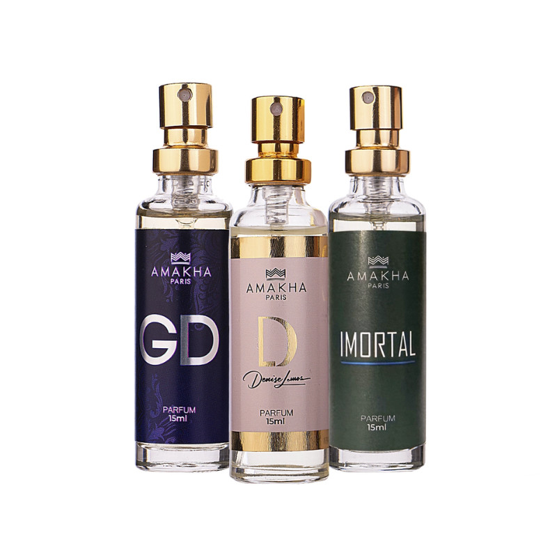 Kit com 3 Perfumes Femininos De Bolso - 15ml: D + GD + Imortal | Amakha Paris em Oferta na Shopee