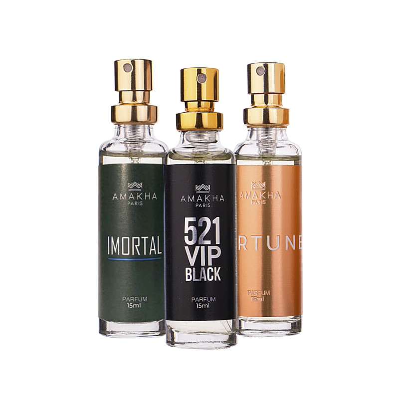 Kit com 3 Perfumes de Bolso Masculinos 15ml: Imortal + 521 Vip Black + Fortune | Amakha Paris em Oferta na Shopee