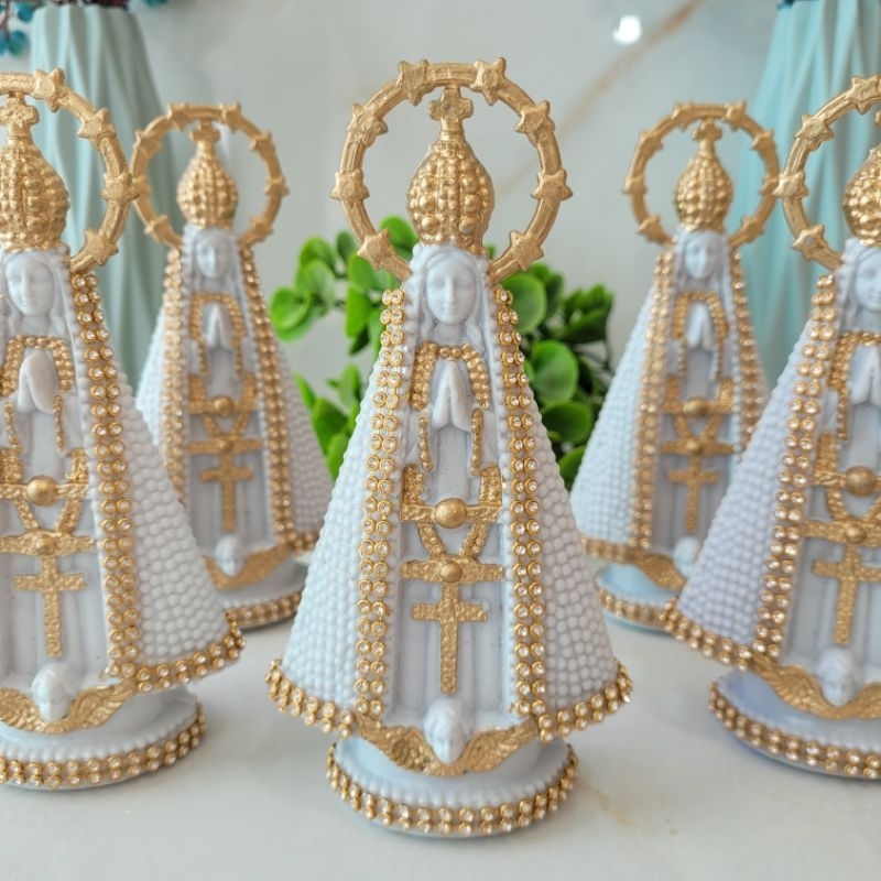 KIT COM 6 IMAGENS DE NOSSA SENHORA APARECIDA BRANCA TRADICIONAL COM ESTRÁS | 15CM INQUEBRÁVEL