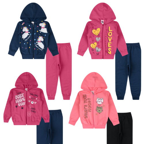 Kit 2 Conjuntos de Moletom Jaqueta Zíper + Calça Flanelada 4 Peças Menina Outono Inverno 1 a 16 anos em Oferta na Shopee