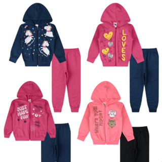 Kit 2 Conjuntos de Moletom Jaqueta Zíper + Calça Flanelada 4 Peças Menina Outono Inverno 1 a 16 anos em Oferta na Shopee