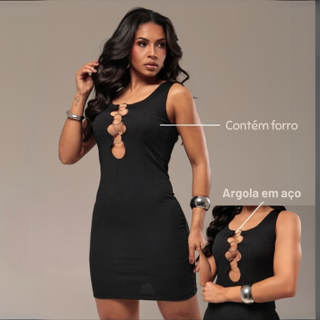 Vestido Feminino Curto Tubinho Alca Larga com Detalhe de Argola em Aço Com Forro No Busto Tecido Canelado Premium
