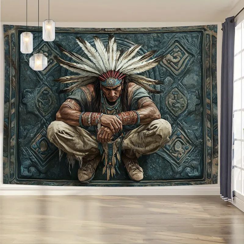 quadro decorativo índio gigante cocar fundo listrado