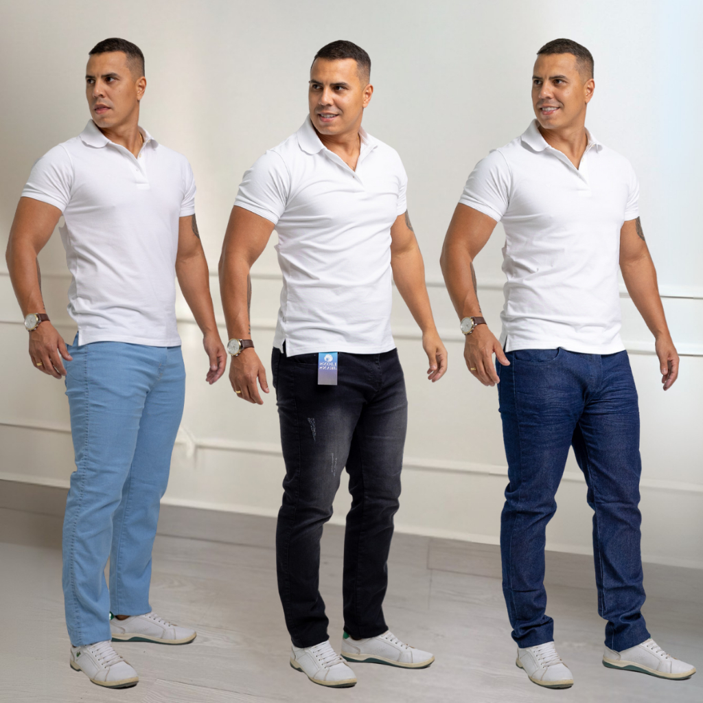 Kit 3 Calças Jeans Masculina Lycra Slim Premium Elastano Casual Sarja