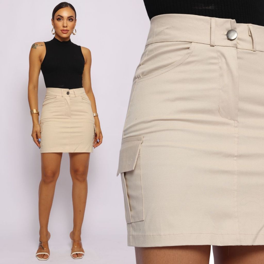 Saia Curta Cargo em Sarja Modeladora Levanta Bum Bum em Oferta na Shopee