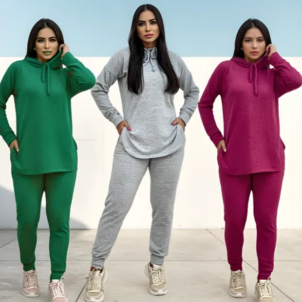 Conjunto Inverno Feminino Lanzinha Frio Calça C/Bolso e Blusa C/Capuz  Tendência Moda Fashion